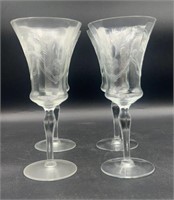 4pc. Hand-Blown Floral Etched Water Goblets