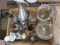 LOT OF LIQUOR BOTTLES AND CANDLEHOLDERS