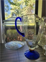 COBALT AND CLEAR PITCHER, BISCUIT JAR