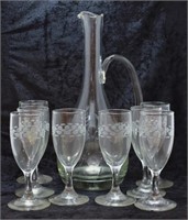 9 pcs. Etched Glass Decanter Pitcer & Glass Set