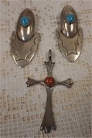 Sterling cross & pair of earrings