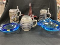 3 Beer Steins and 3 Art Glass Bowls