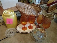 Canary cookie jar, orange goblets, basket