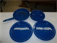 Blue Enamel Cookware: 10" Plate 9" Skillet 8" Bowl