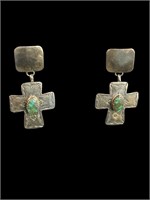 STAMPED STERLING CROSS & TURQUOISE EARRINGS