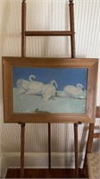 Framed original oil swan painting on canvas