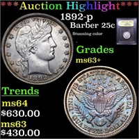 *Highlight* 1892-p Barber 25c Graded Select+ Unc