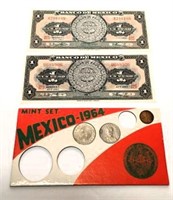 1965 Peso Note & 1964 Mexican Coin Set