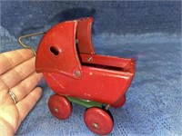 Antique toy wood baby carriage w/ tin cover - Red
