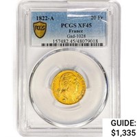 1822-A France 20 Francs .1867oz. Gold PCGS XF45