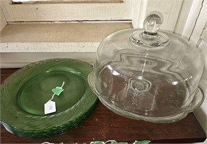 Glass Cake Plate W/ Lid & Green Plates
