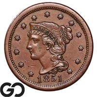 1851 Braided Hair Large Cent, AU++ Bid: 120
