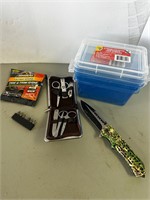 Camping knife, plastic storage, misc