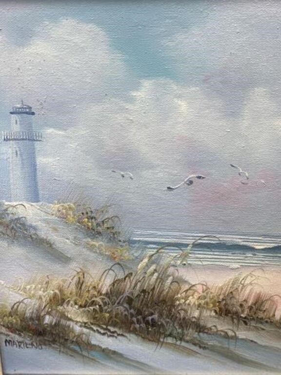 Signed oil canvas Marilno painting Lighthouse
