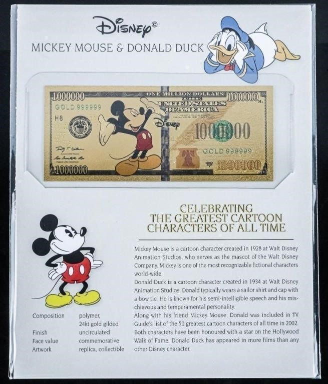 Disney 24kt Gold gilded Million Dollars -Mickey mo