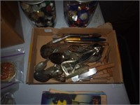tray old pens, tin, collector spoons,shoe horn,