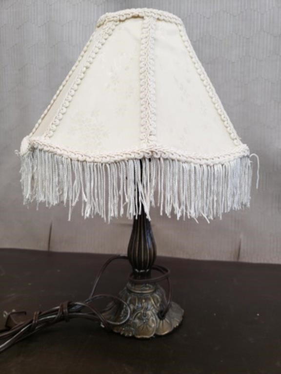 Cute Little Brass Table Lamp w/ Fringed Shade