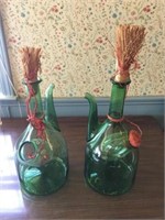 2 Vintage Green Glass Jugs