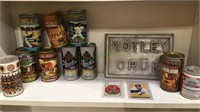 11 vintage beer cans, Motley crew sign, 2