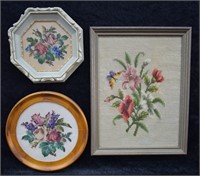 3 pcs. Hand Stitched Floral Cross-stitch Art