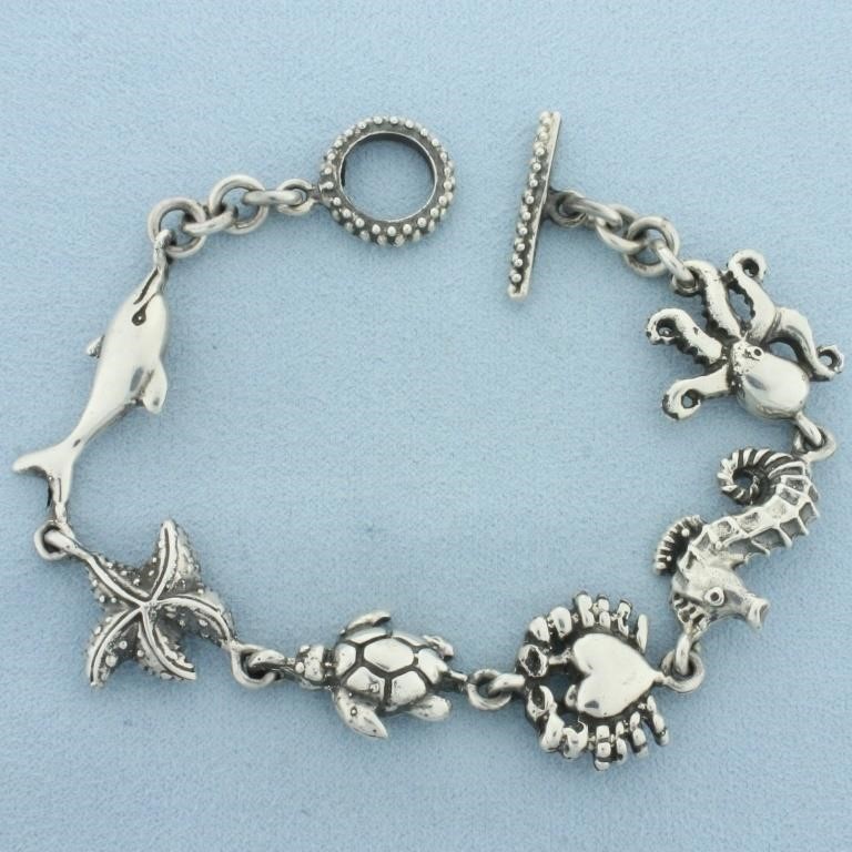 Unique Sea Life Link Bracelet in Sterling Silver