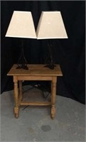 Wood Side Table w/ 2 Matching Lamps - 10F
