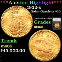 *Highlight* 1922-s Saint-Gaudens $20 Graded ms65