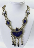 Silver Tone Tribal Lapis Necklace