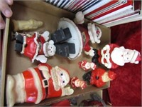 Vintage Santa figures, candles, rubber squeak