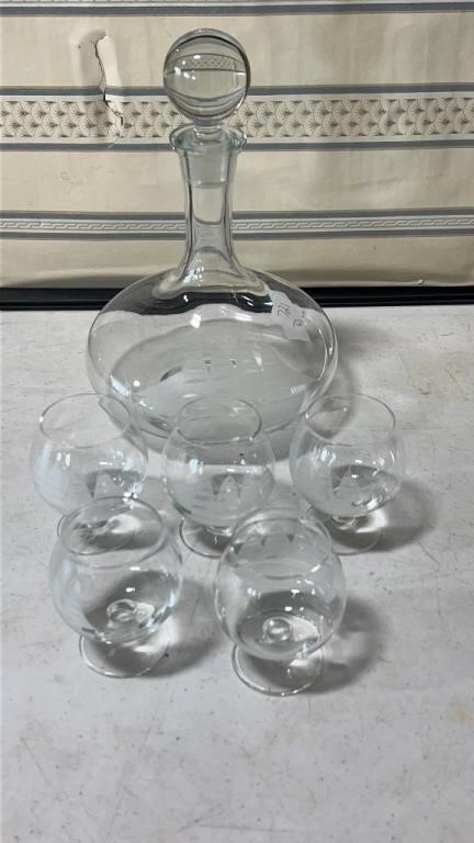 Ship Etched Decanter and Five Snifters