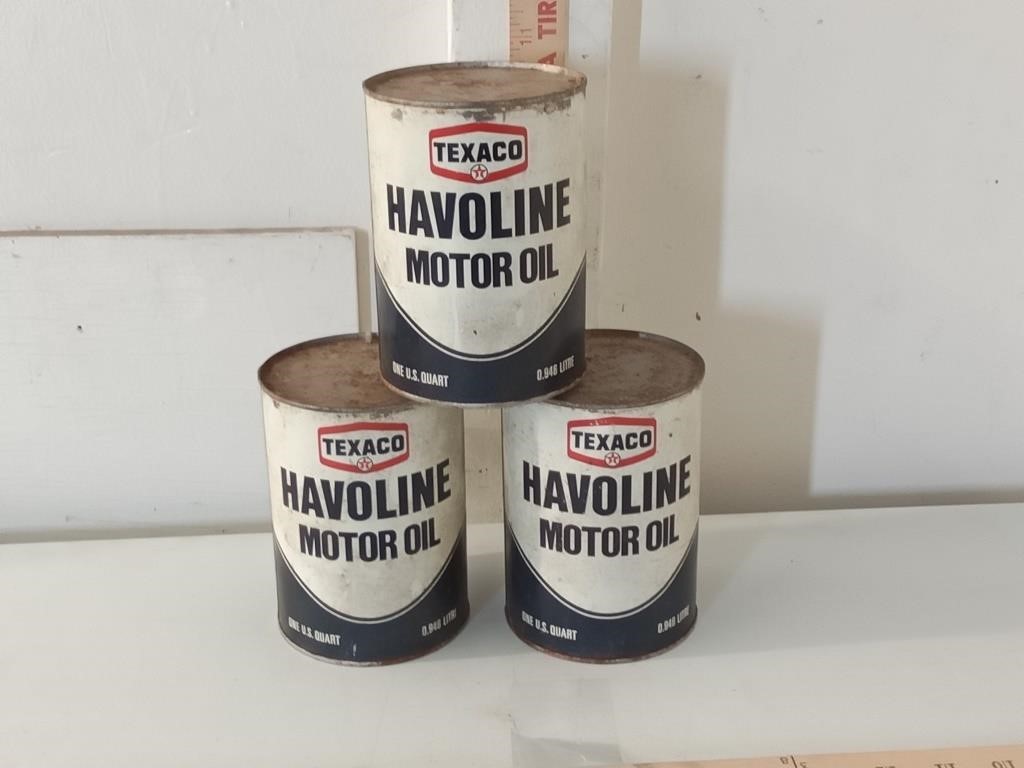 3 vtg metal Texaco Havoline oil cans unopened
