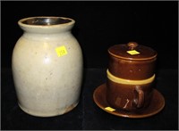 Stoneware crock, cup and saucer, covered dish