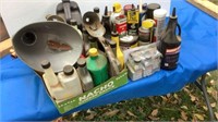 Assortment of oil, vintage oil can funnels