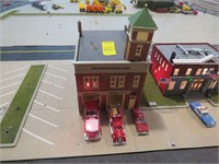 Fire Station, with steeple, 2 trucks and one car
