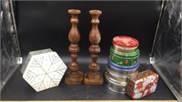 Wood candle holders & tins