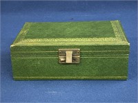 Vintage Green and Gold Velvet lined jewelry box,