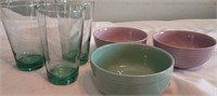 Trio of Green Glass Tumblers and 3 Pottery Bowls
