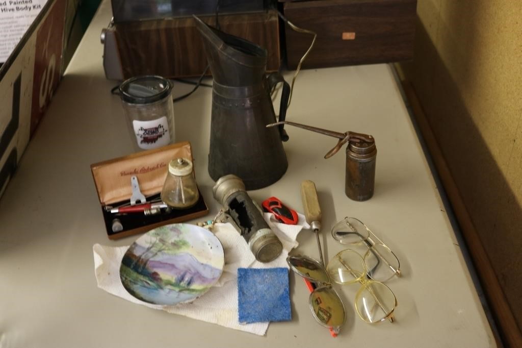 pitcher,flashlight,oil can & items