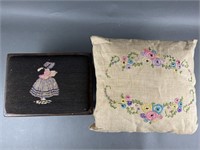 Petite Pointe Wood Stool and Embroidered Pillow