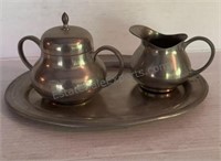 PEWTER CREAMER AND SUGAR SET ON TRAY