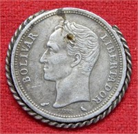1965 Venezuela Silver Bolivar in Bezel