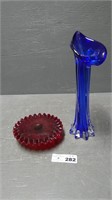 Red Ruby Fenton Small Cake Stand & Blue Art Vase