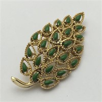 Gold Tone Fashion Brooch W Green Stones