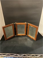 Golden oak tri fold beveled glass mirror