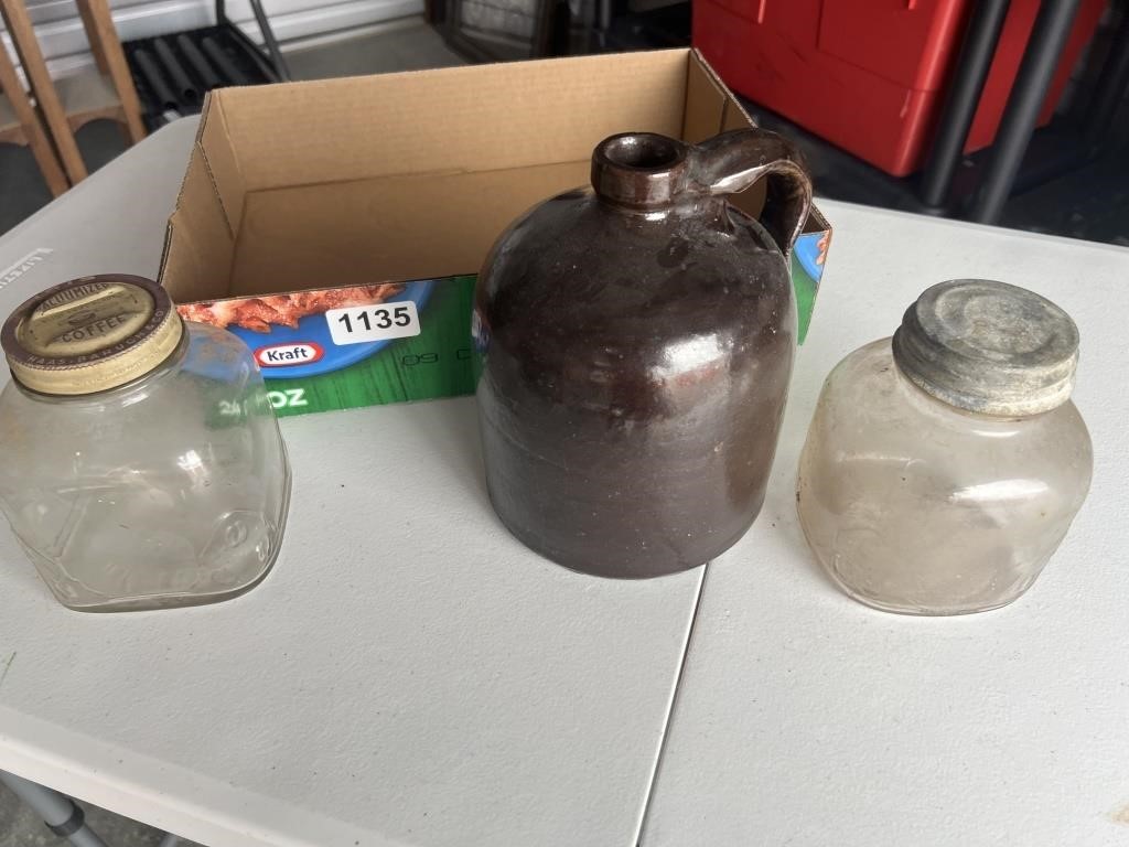 2 Vintage Jars & Brown Pottery Jug U254