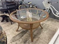48" ROUND GLASS TOP WICKER PATIO TABLE