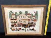 Vintage Crewel Needlework Victorian Street Framed