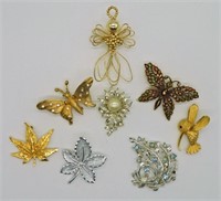 8 Nature Themed Gold & Silver Tone Pins/Brooches