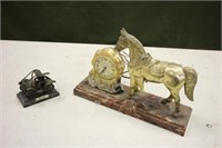 Brass Horse Clock & Brass Car Figurine