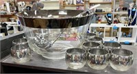 DOROTHY THORPE MID-CENTURY PUNCH BOWL AND CUPS W/